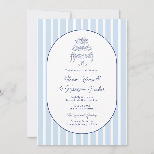 Something Blue Hand Drawn Cake Stripe Wedding Invitation (Front)