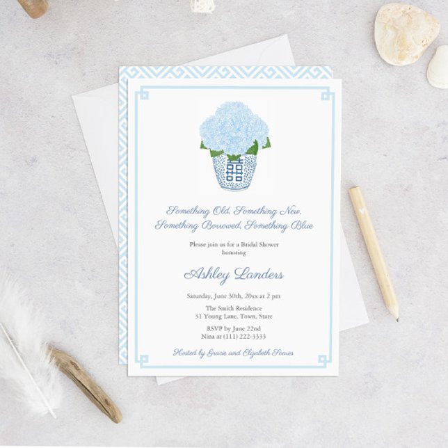 Something Blue Hydrangea Ginger Jar Bridal Shower Invitation (Pale blue hydrangea in ginger jar Something Old, Something New, Borrowed, Blue, Bridal Shower Invite)