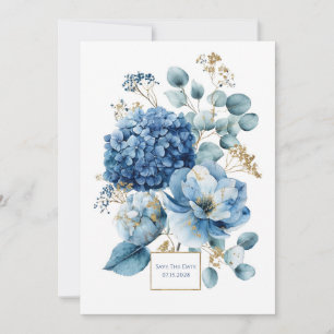 Something Blue Hydrangea Gold Glitter Wedding Invitation