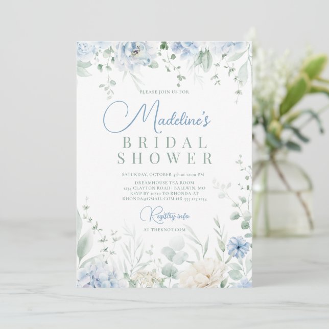 Something Blue Hydrangeas Bridal Shower Invitation (Standing Front)
