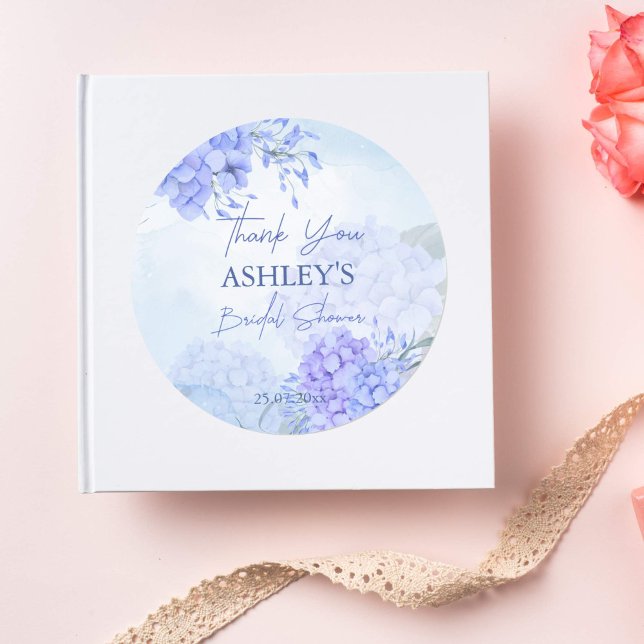 Something blue hydrangeas elegant bridal shower classic round sticker (Something blue bridal shower thank you favor stickers bridal shower favor gift stickers hydrangeas)