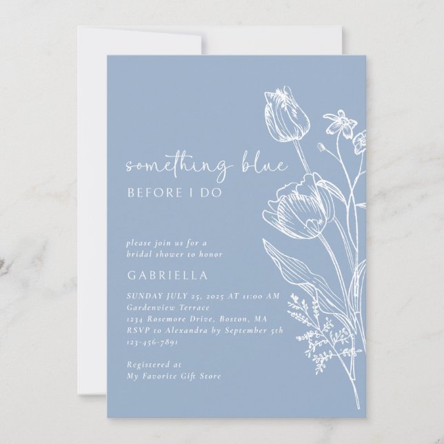 Something Blue Line Art Floral Bridal Shower Invitation (Front)