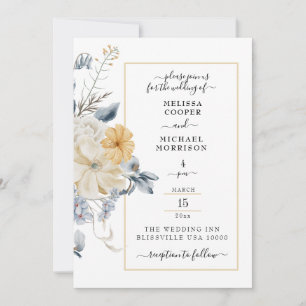 SOMETHING BLUE, PASTEL FLORAL ON WHITE WEDDING INVITATION