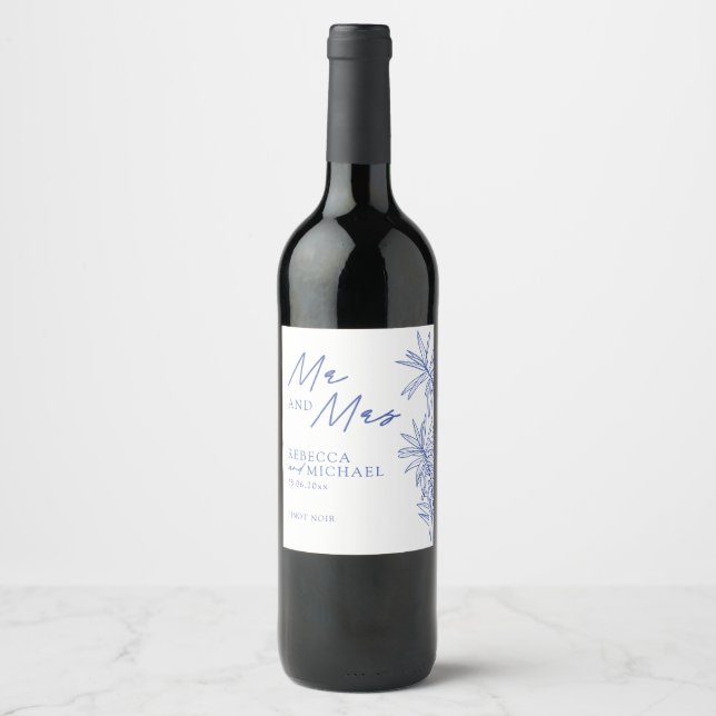 Something Blue Simple Botanical Mr & Mrs Wedding  Wine Label (Front)