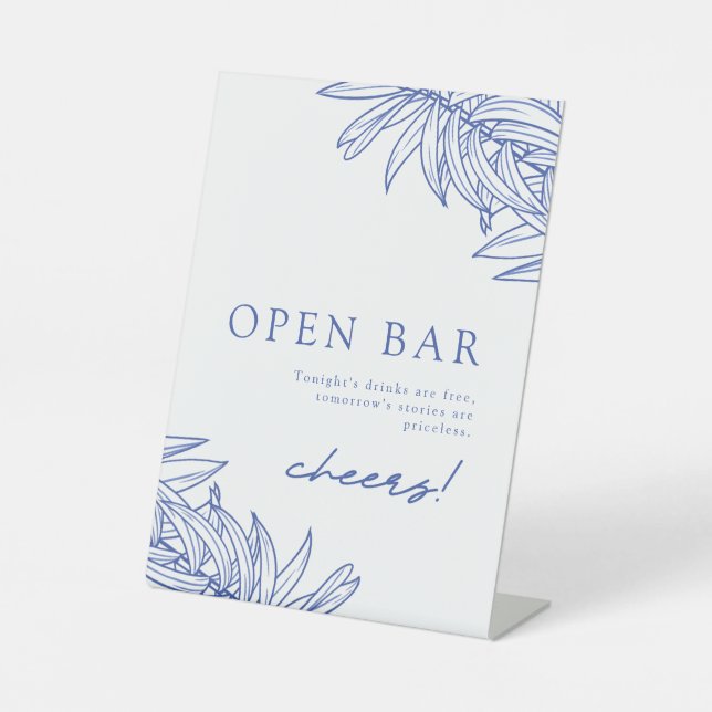 Something Blue Simple Botanical Open Bar  Pedestal Sign (Front)