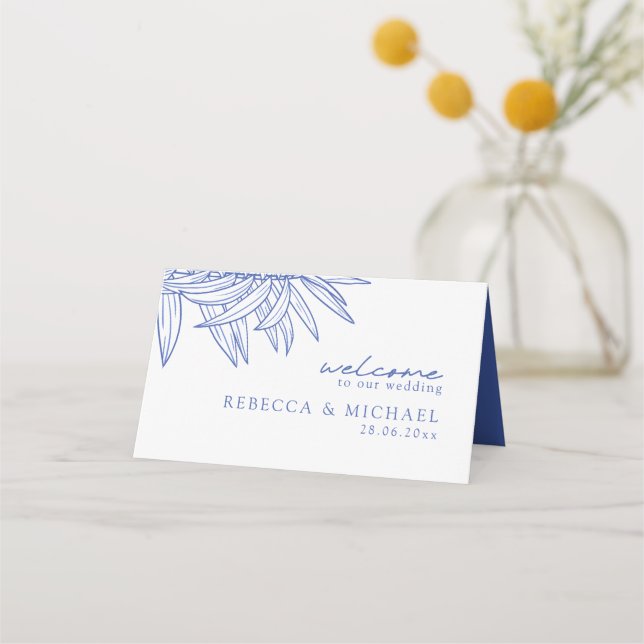 Something Blue Simple Hand Drawn Botanical Folded  Place Card (Back)