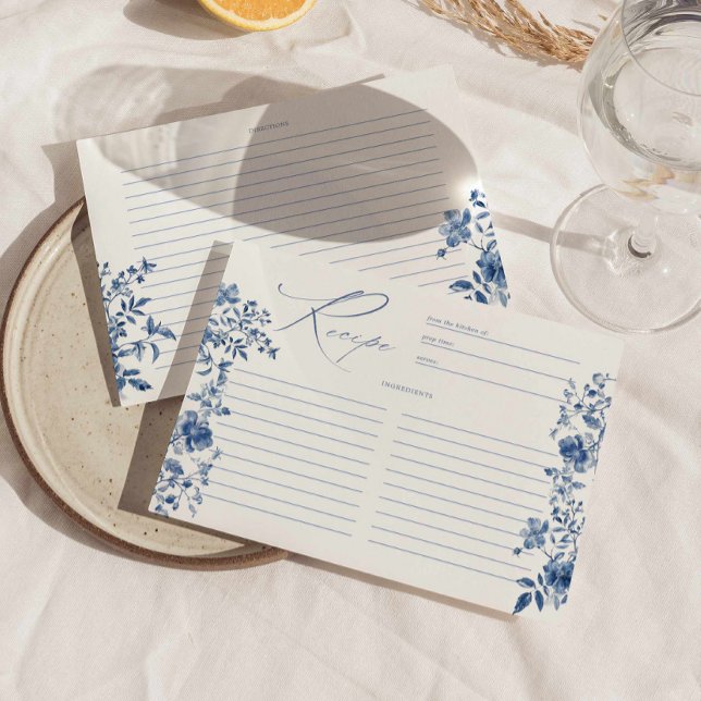 Something Blue Toile Floral Bridal Shower Recipe Invitation (something blue recipe card, toile floral bridal shower recipe card, vintage blue recipe card 5x7)