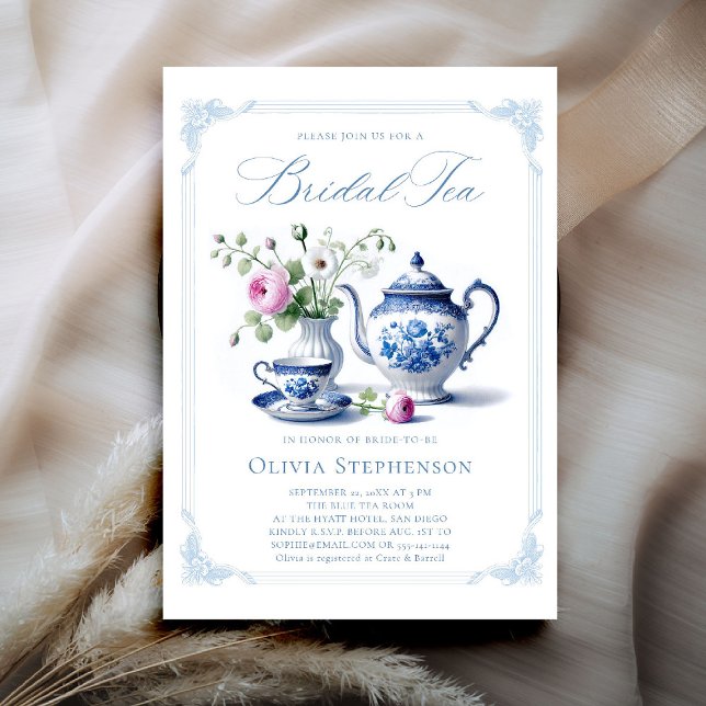 Something Blue Toile Frame Chic Bridal Tea Shower Invitation (bridal tea invitation toile chinoiserie something blue frame roses floral flower elegant classic)