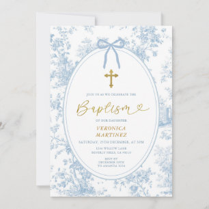 Something Blue Vintage Toile Baptism Gold Floral Invitation