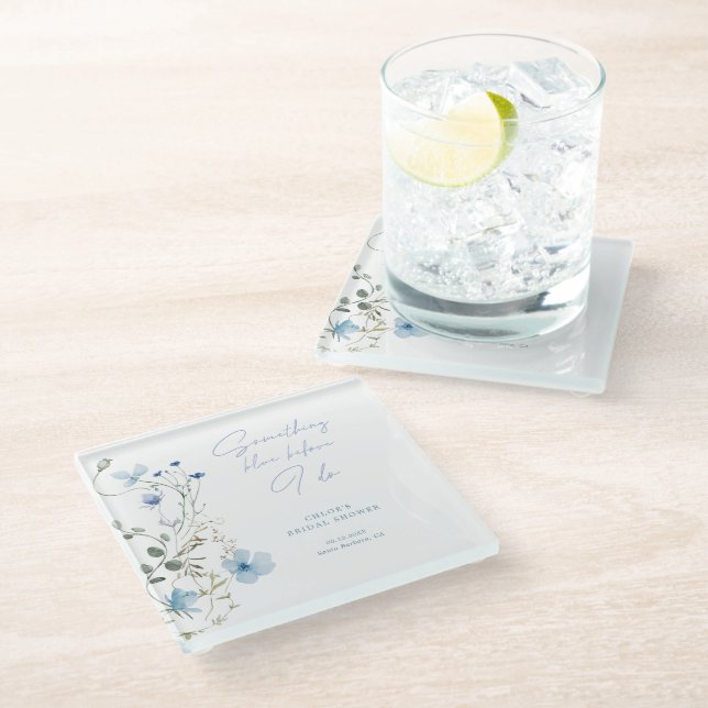 Something Blue Wildflower Bridal Shower Glass Coaster (Angled)