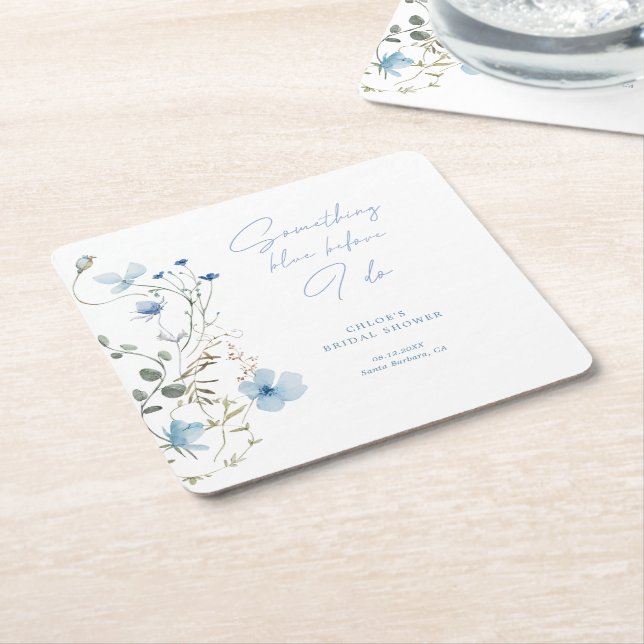 Something Blue Wildflower Bridal Shower Square Paper Coaster (Angled)