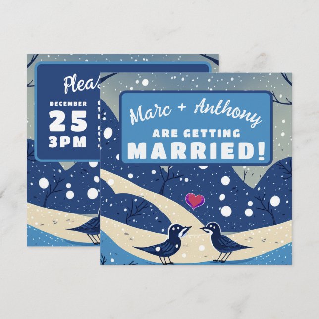 Something Blue Winter Love Birds Wedding Save The Date (Front/Back)