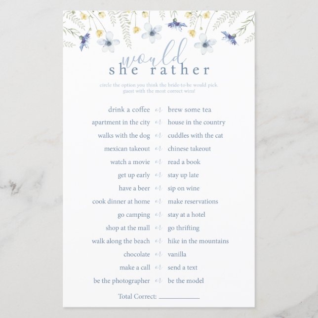 Something Blue Would She Rather Game (Front)