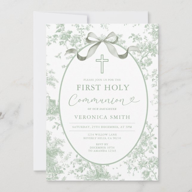 Something Green Vintage Toile First Holy Communion Invitation (Front)