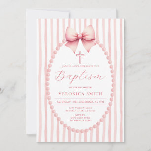 Something Pink Bow coquette Pearl Baptism Cross Invitation