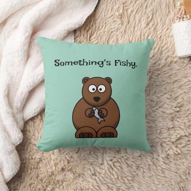 Something’s Fishy Funny Brown Bear Cartoon Cushion (Blanket)