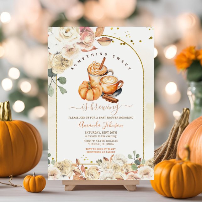 Something Sweet Is Brewing Gold Floral Baby Shower Invitation (Creator Uploaded)