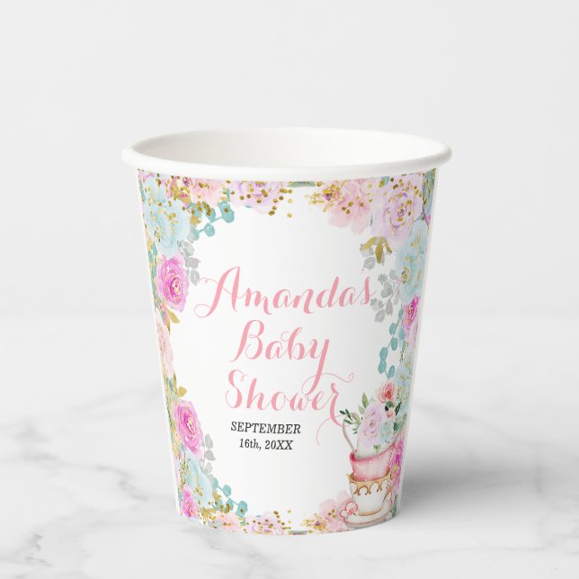 Something Sweet is Brewing Tea Party Baby Shower Paper Cups (Front)