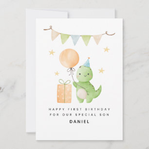 Son 1st Birthday Card Cute Watercolor Dinosaur