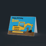 Son 1st Birthday Yellow Excavator Add Name Card<br><div class="desc">A fun first birthday card for a son who loves construction equipment and earth movers. It has a yellow digger on the front with an area on the cab where you can change the name of the construction company to your son's name. The number 1 is being scooped up in...</div>