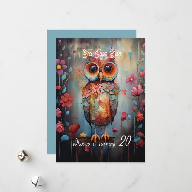 Son 20th Birthday Abstract Owl Holiday Card (Front/Back In Situ)
