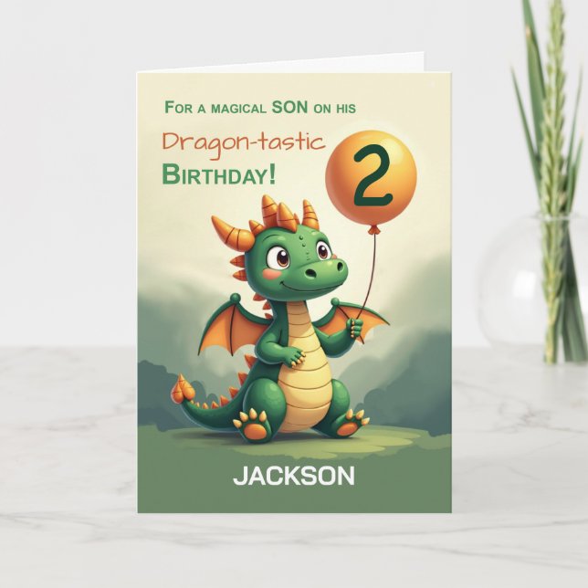 Son 2nd Birthday Personalise Name Cute Dragon Card (Front)