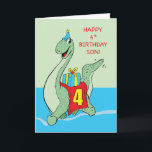 Son, 4th Birthday Dinosaur Card<br><div class="desc">The green dinosaur is happily running on the cover of this card,  excited to get his gift to your son who will be celebrating his 4th birthday. Shoot your son this card so he can have the gigantic dino’s surprise for him.</div>