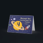 Son 4th Birthday Planets in Outer Space w/ Rocket Card<br><div class="desc">Turning 4 is out of this world,  especially when it is your son! Rocket ship,  planets and stars fill in the front of the card with the message as you count down to say Happy Birthday!</div>