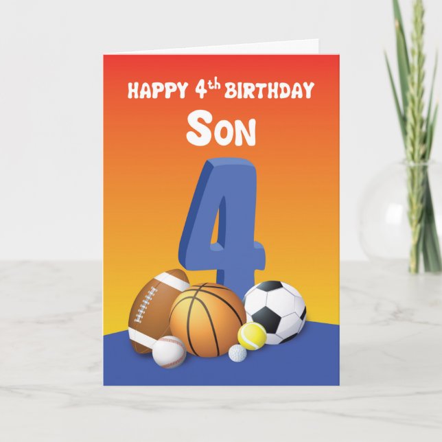 Son 4th Birthday Sports Balls Card (Front)