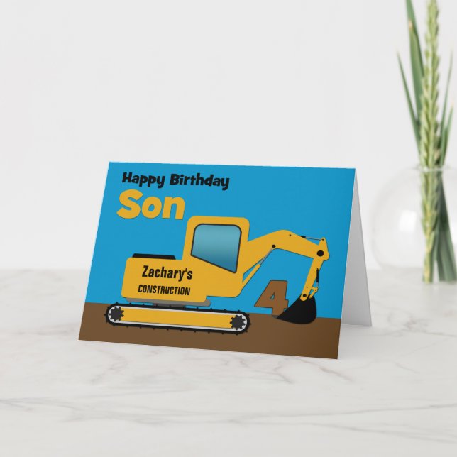 Son 4th Birthday Yellow Excavator Add Name Card (Front)