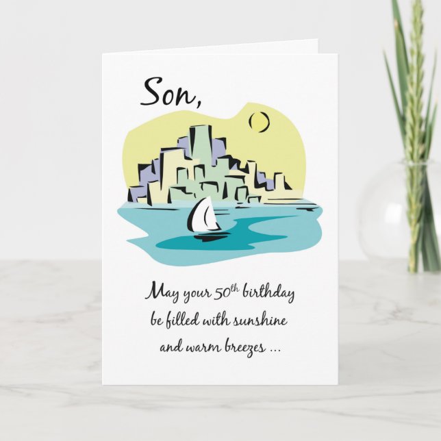 Son 50th Birthday Sailboat Near City Card (Front)