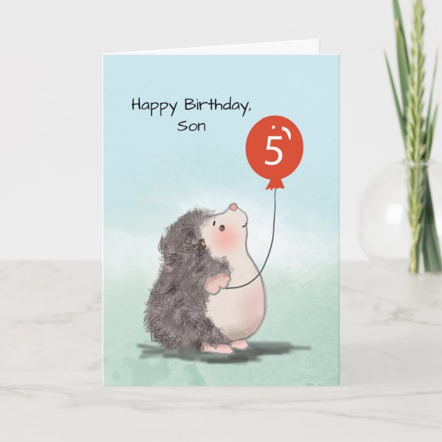 Son 5th Birthday Cute Hedgehog with Balloon Card (Front)