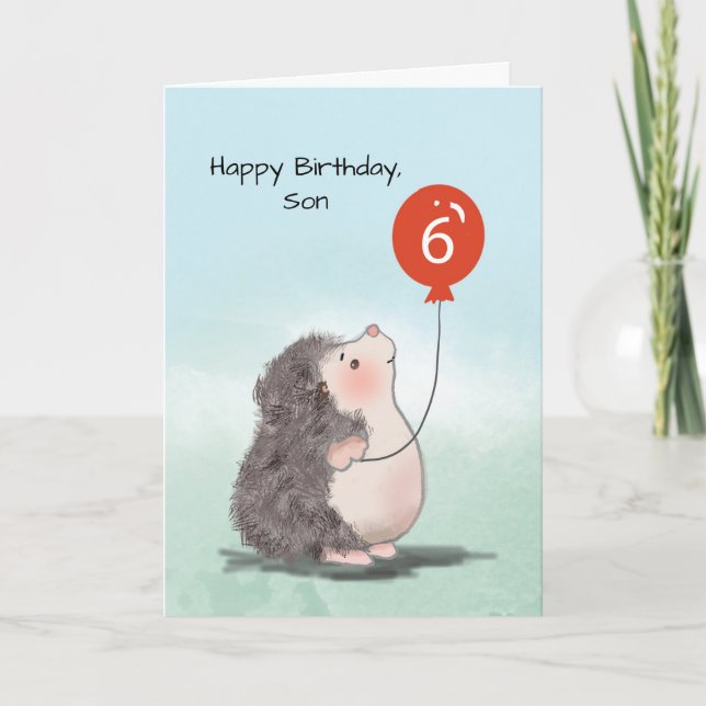 Son 6th Birthday Cute Hedgehog with Balloon Card (Front)