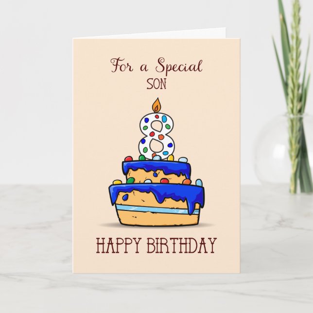 Son 8th Birthday, 8 on Sweet Blue Cake Card (Front)
