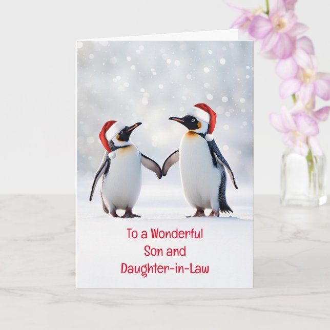 Son and Daughter in Law Cute Penguins in the Snow Card (Orchid)
