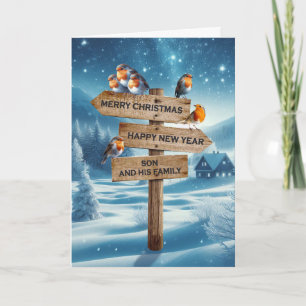 Son and his Family Christmas Robins on a Signpost Holiday Card