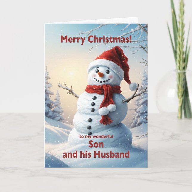 Son and his Husband Christmas Snowman  Holiday Card (Front)