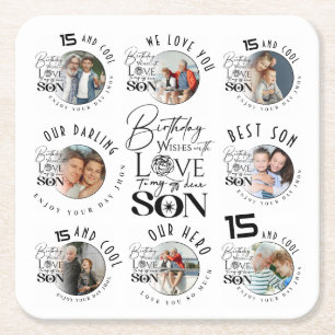 Son Birthday 8 Photo Collage Typography  Square Paper Coaster