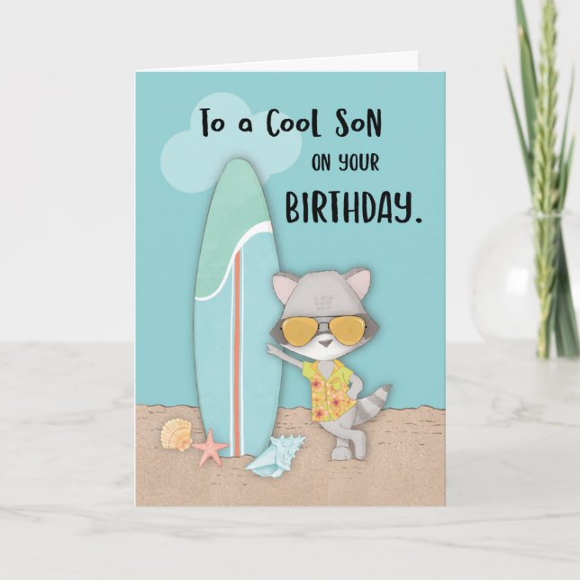 Son Birthday Beach Cool Racoon in Sunglasses Card (Front)