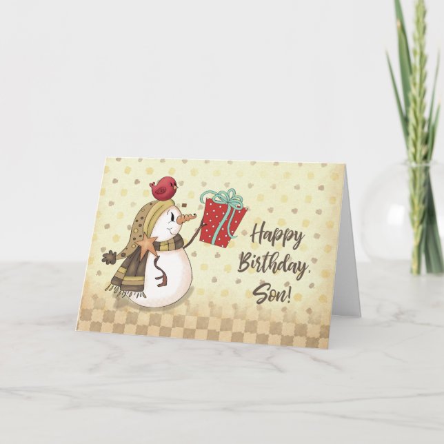 Son Birthday Bird on Snowman Present Card (Front)