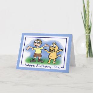 Son Birthday Cartoon Caricature of a Boy and Dog Card
