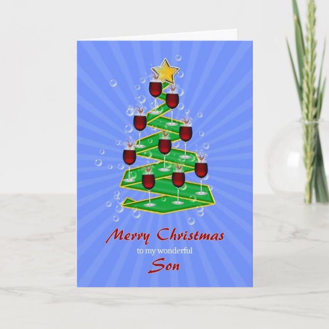 Son, Christmas Tree with Wine Holiday Card (Front)