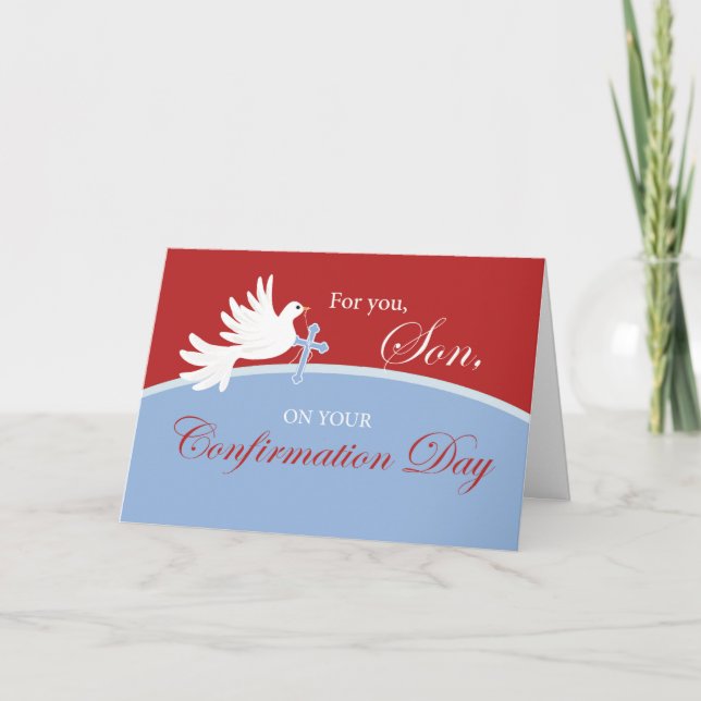 Son Confirmation Dove on Red and Blue Card (Front)