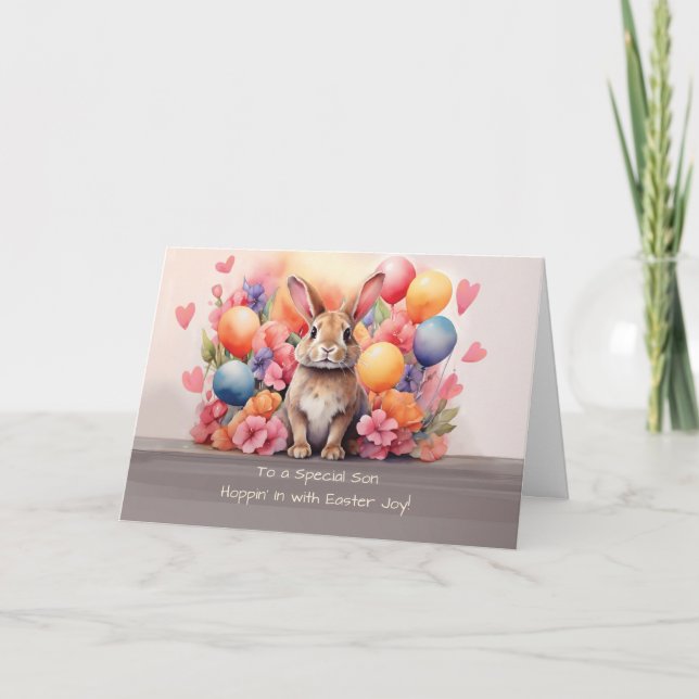 Son Easter Rabbit Amid Flowers and Balloons Card (Front)