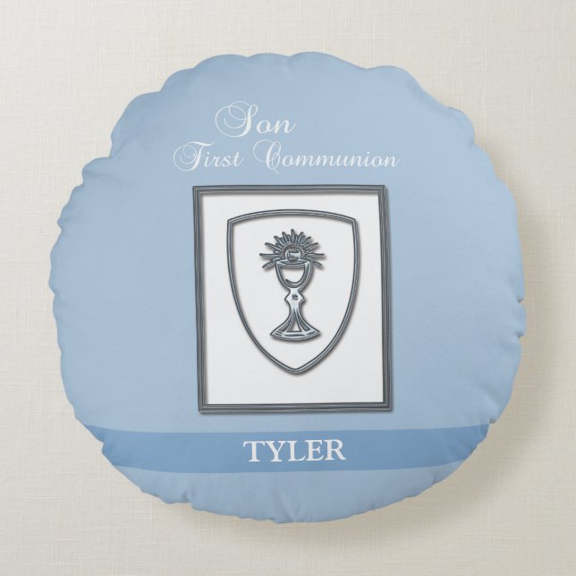 Son, First Communion Silver Chalice Round Cushion (Front)