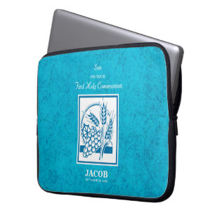 Son, First Communion, Wheat, Grapes Blue Laptop Sleeve