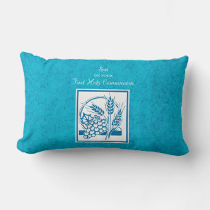 Son, First Communion, Wheat, Grapes Blue Lumbar Cushion