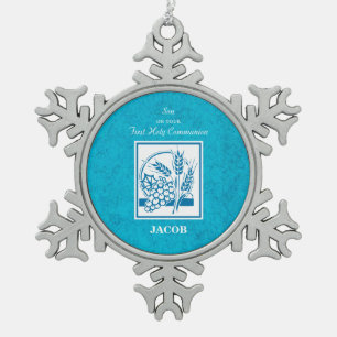 Son, First Communion, Wheat, Grapes Blue Snowflake Pewter Christmas Ornament