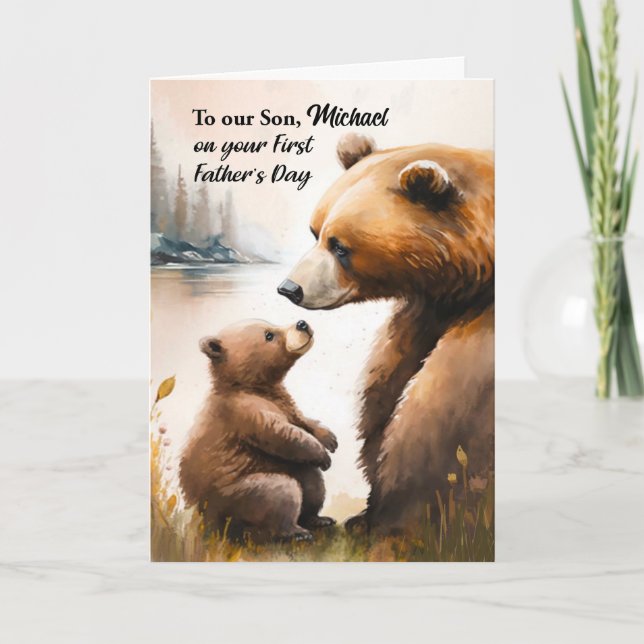 Son First Father's Day Papa Baby Bear Personalised Card (Front)