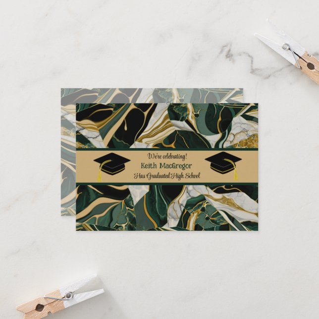 Son Graduation Celebration in Green Marble Invitation (Front/Back In Situ)